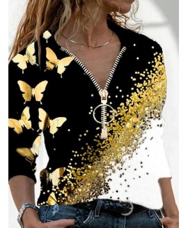 Fashion V-Neck Zip Butterfly Print Long Sleeve T-Shirt 