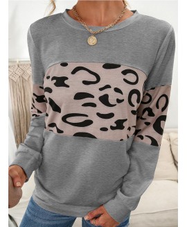 Leopard Patchwork O-Neck Long Sleeve Casual T-Shirt 
