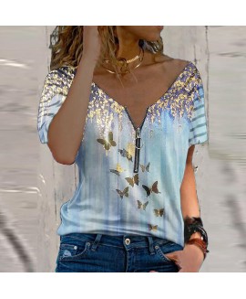 Fashion zipper V-neck short-sleeved butterfly print top 