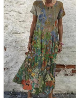 Round Neck Casual Loose Floral Print Short Sleeve Maxi Dress 
