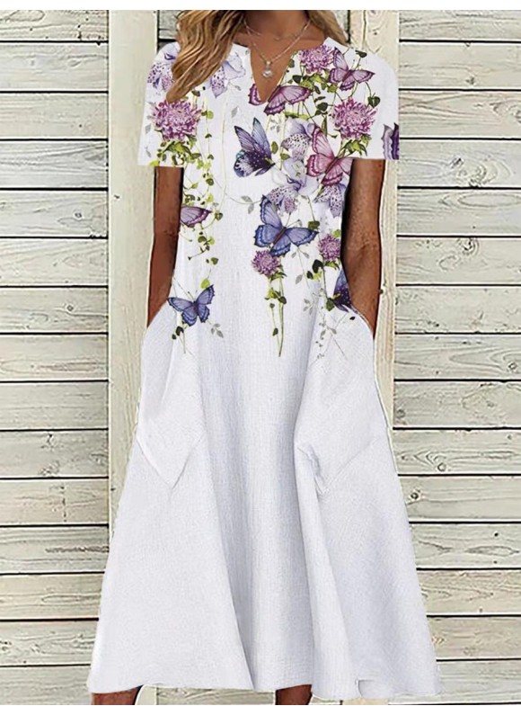 Casual Butterfly Floral Print V-Neck Short Sleeve Maxi Dress