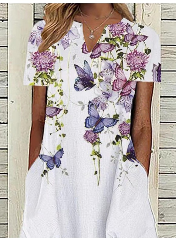 Casual Butterfly Floral Print V-Neck Short Sleeve Maxi Dress