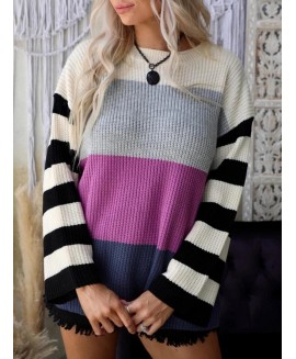 Women Striped Round Neck Long Sleeve Hit or Casual Loose Sweater 