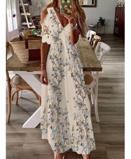 V-neck Floral Print Casual Short Sleeve Maxi Dress 