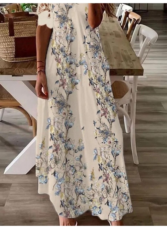 V-neck Floral Print Casual Short Sleeve Maxi Dress