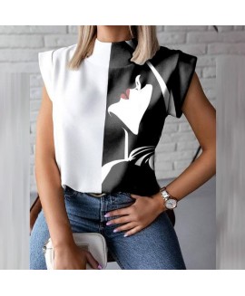 Womens casual crewneck abstract face print and wide sleeves top 