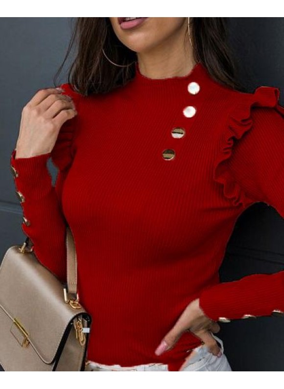 Solid or Button Ruffle Knit Top