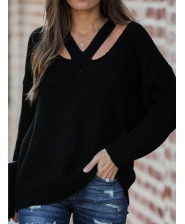 Casual Solid or Loose V-Neck Long-Sleeved Sweater 