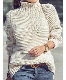 Casual Solid or High Neck Long Sleeves Loose Sweater 
