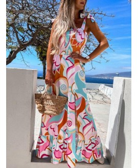 Resort Printed Sling Sleeveless Slit Maxi Dress 