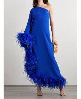 Women's Fashion Elegant Satin Slanted Shoulder Feather Long Dress 