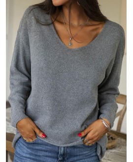V-neck Solid or Loose Casual Sweater Pullover 