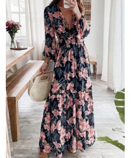 V-neck Floral Print Loose Casual Long Sleeve Maxi Dress 