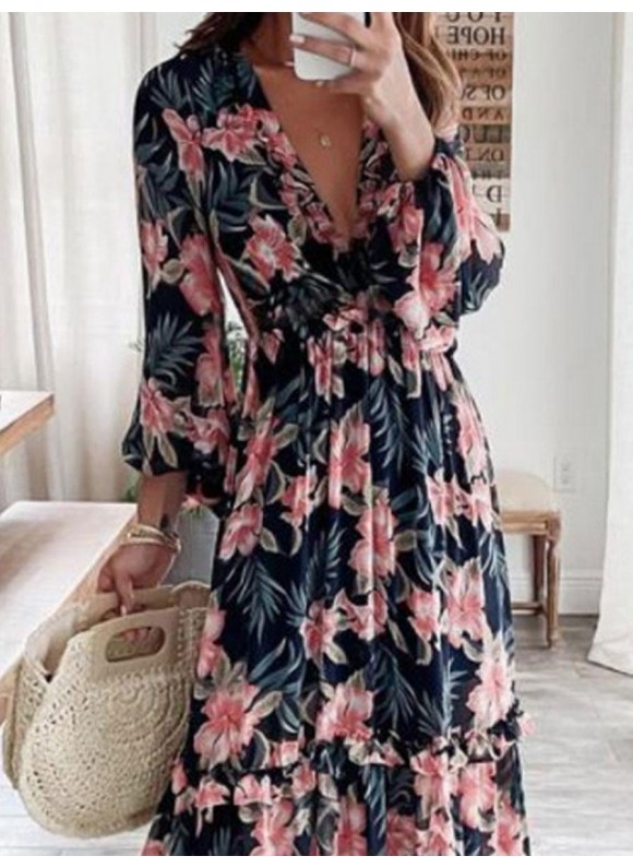 V-neck Floral Print Loose Casual Long Sleeve Maxi Dress