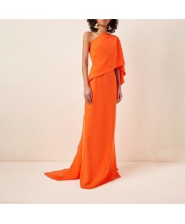 Women's Elegant Satin Orange One Shoulder Design Dress 