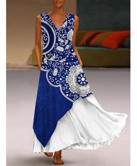 V-neck Casual Loose Floral Print Sleeveless Maxi Dress 