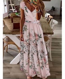 V-neck Floral Print Loose Long Sleeve Maxi Dress 
