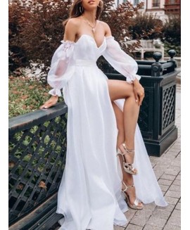 Women's Elegant Pure White Temperament High Waist Chiffon One-shoulder Dress 