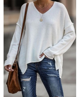 Casual Solid or V Neck Long Sleeves Loose Sweater 