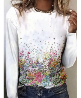 Casual Flower Print Long-sleeved Round Neck Fashion T-shirt 