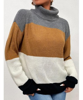 Casual Loose or-Blocking High-Neck Long-Sleeved Sweater 