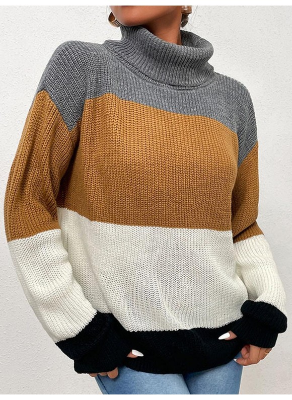 Casual Loose or-Blocking High-Neck Long-Sleeved Sweater