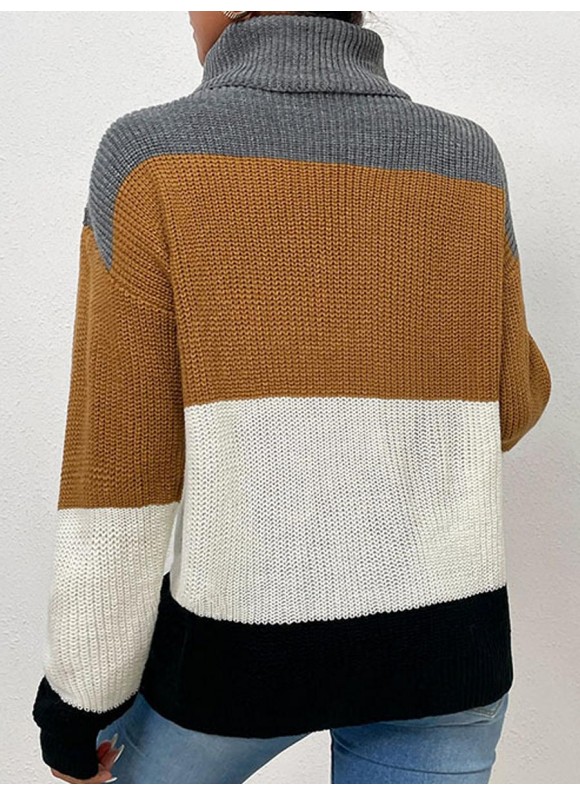Casual Loose or-Blocking High-Neck Long-Sleeved Sweater