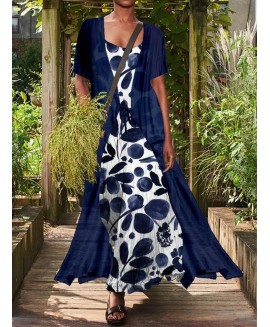 Ladies Round Neck Floral Print Fashion Maxi Dress 