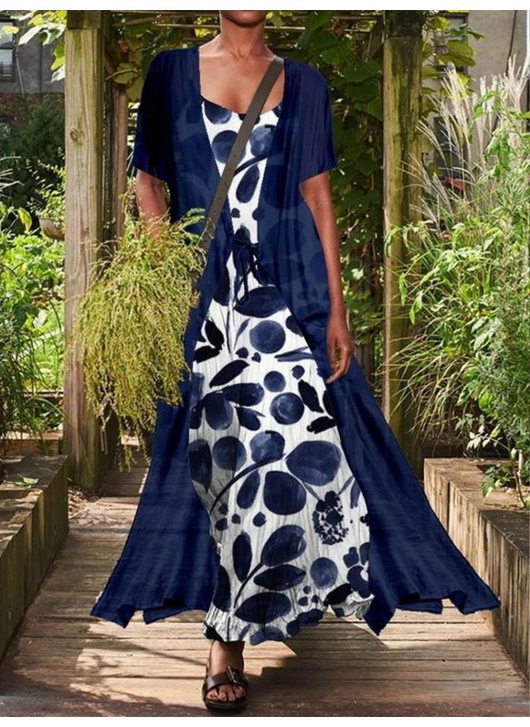 Ladies Round Neck Floral Print Fashion Maxi Dress