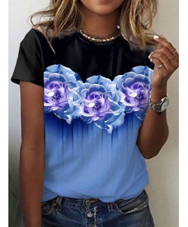 Round Neck Casual Loose Floral Print Short Sleeve T-shirt 