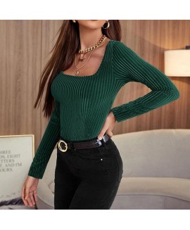 Women's Elegant Pullover Square lar Solid or Long Sleeve Slim T-shirt 