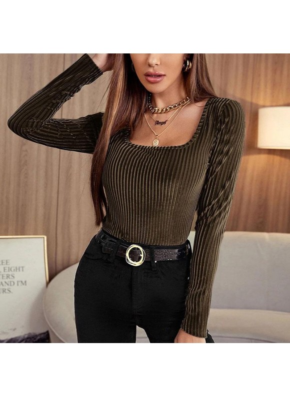 Women's Elegant Pullover Square lar Solid or Long Sleeve Slim T-shirt