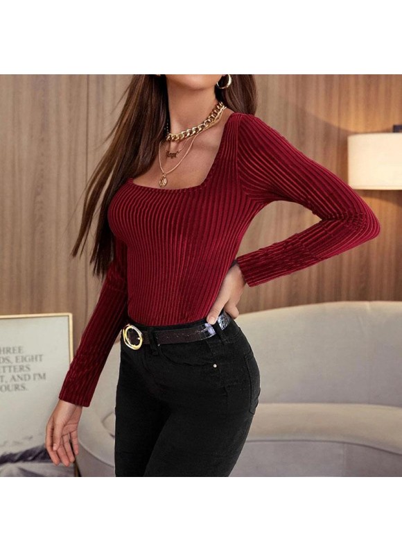 Women's Elegant Pullover Square lar Solid or Long Sleeve Slim T-shirt