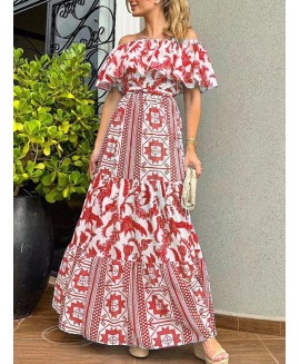 Boho-print Ruffled Resort Maxi Dress 