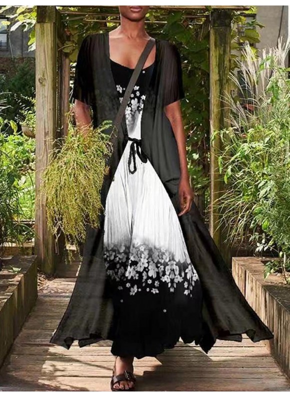 Casual Loose Floral Print Suit Short Sleeve Maxi Dress