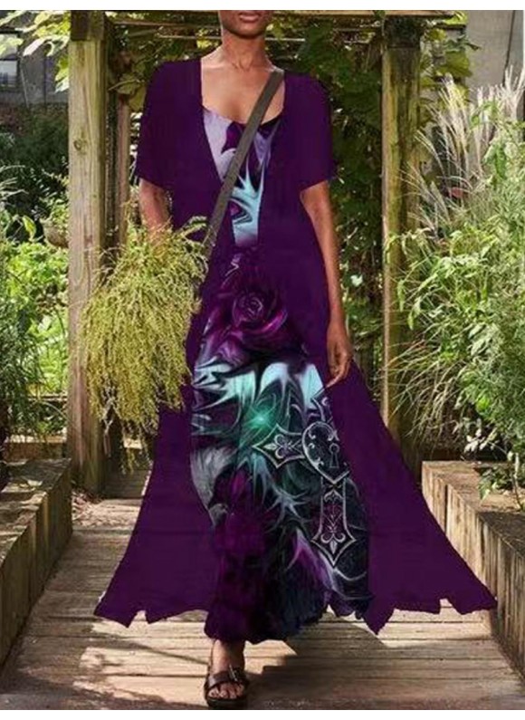 Casual Loose Floral Print Suit Short Sleeve Maxi Dress