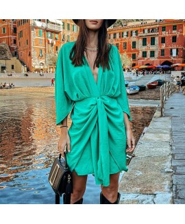 Satin Green or V-neck Long Sleeve Midi Dress 