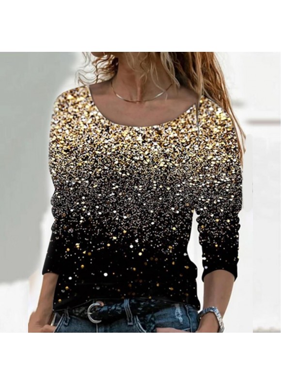 Sequin Print Round Neck And V-neck Long Sleeve Top