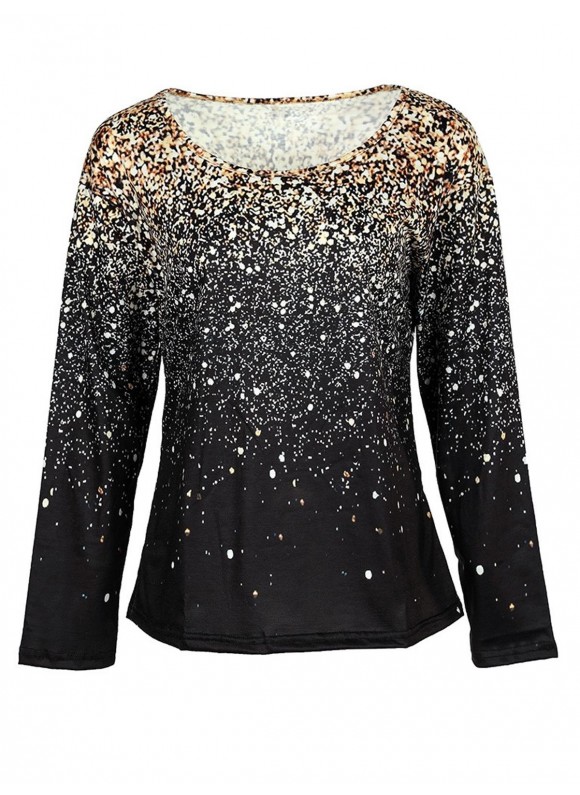 Sequin Print Round Neck And V-neck Long Sleeve Top