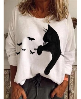 Cat Print Fashion Round Neck Long Sleeve Casual T-shirt 