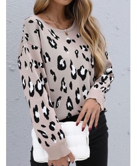 Fashion Round Neck Leopard Pattern Long Sleeve Casual Pullover 