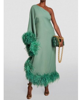 Women's Elegant Sleek Grey Green Slanted Shoulder Feather Dress 