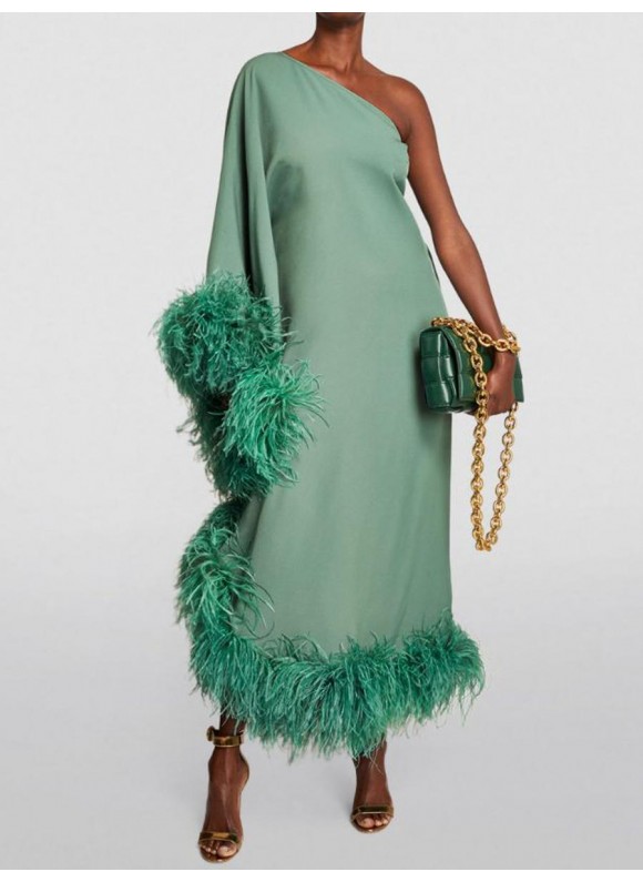 Women's Elegant Sleek Grey Green Slanted Shoulder Feather Dress