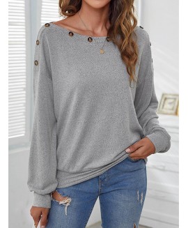 Casual Solid or Loose Round Neck Button T-Shirt 