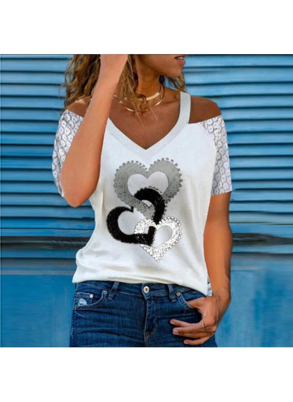 Fashion V-neck Short-sleeved Love Print Top