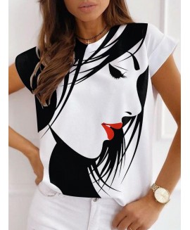 Fashion Daily Round Neck Casual Art Face Print Short Sleeve Machine Washable Womens T-shirt 