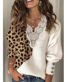 Leopard Splice V Neck Sweater 