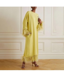 Women's Elegant Yellow Chiffon Feather Robe Dress 
