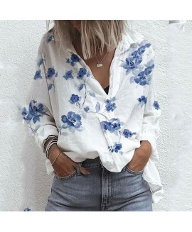 V-neck Floral Print Casual Loose Long-sleeved Blouse 