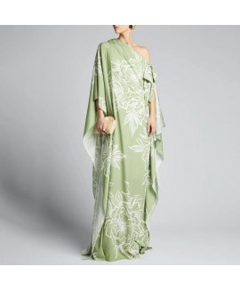 Women's Elegant Floral Print Green Long Dress 